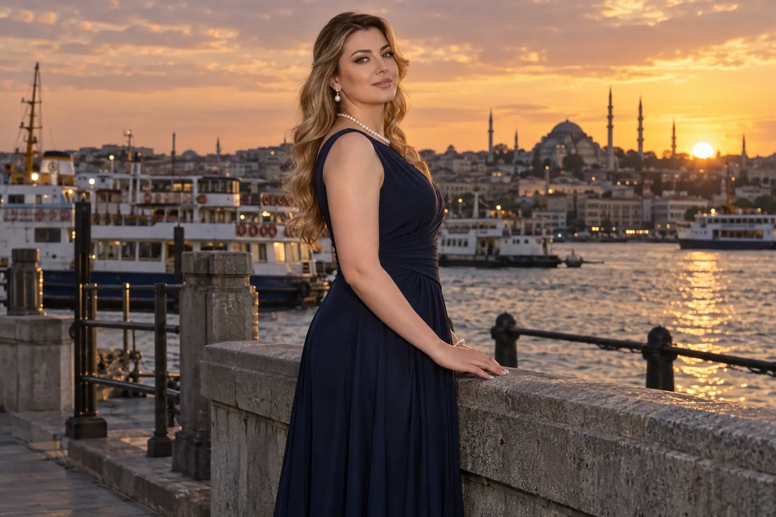 Karaköy kıyısında lacivert uzun gece elbisesi giyen kurgusal yetişkin trans kadın; yapay zekâ üretimi moda fotoğrafı.
