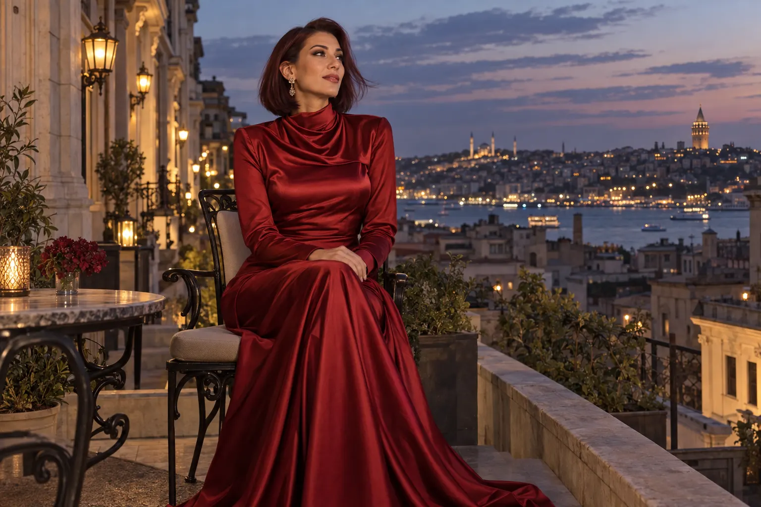 Beyoğlu sokağında kırmızı saten abiye giyen kurgusal yetişkin trans kadın; yapay zekâ üretimi moda fotoğrafı.
