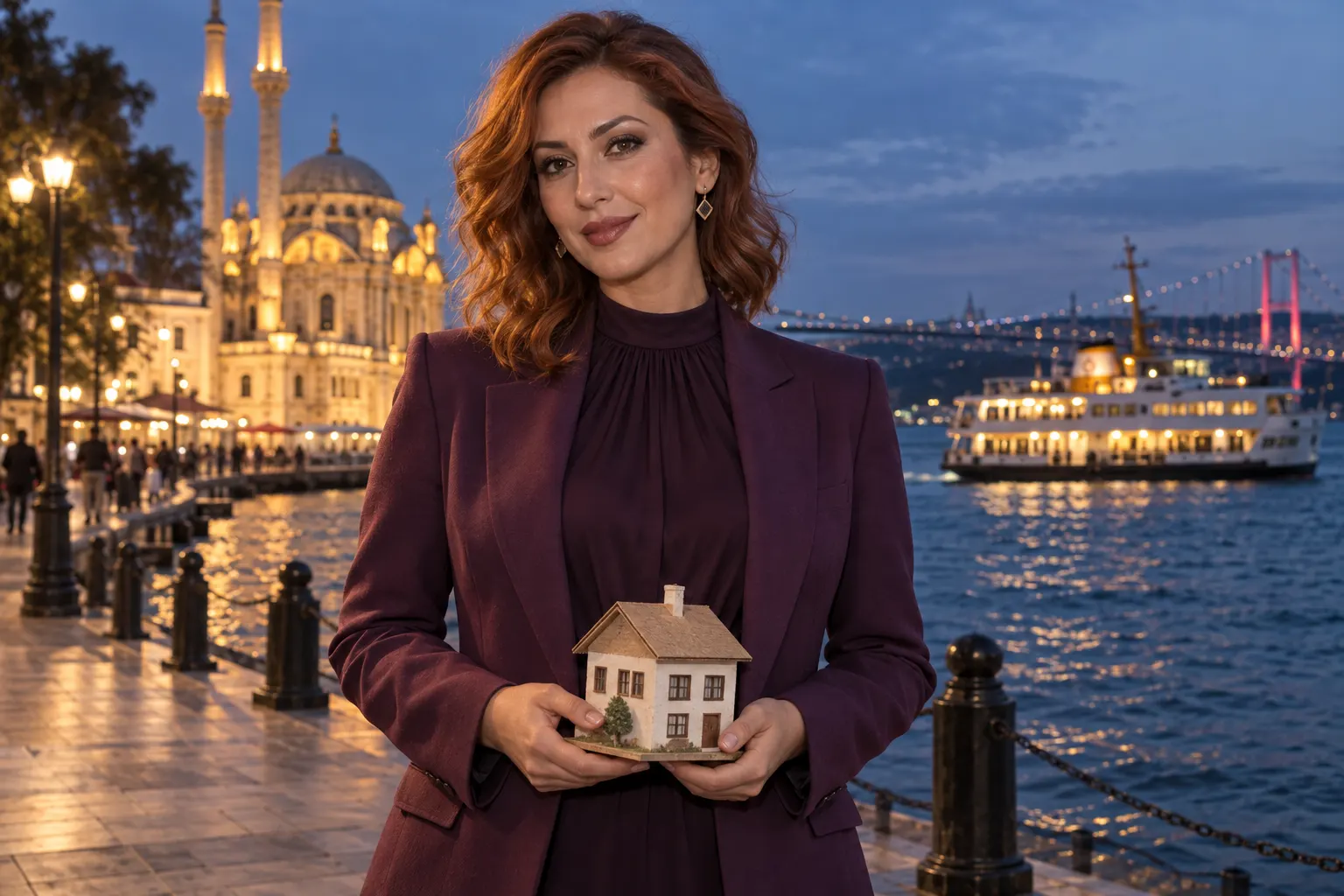 Avrupa Yakası manzarası önünde karton maket tutan mor ceketli kurgusal yetişkin trans kadın; yapay zekâ üretimi.