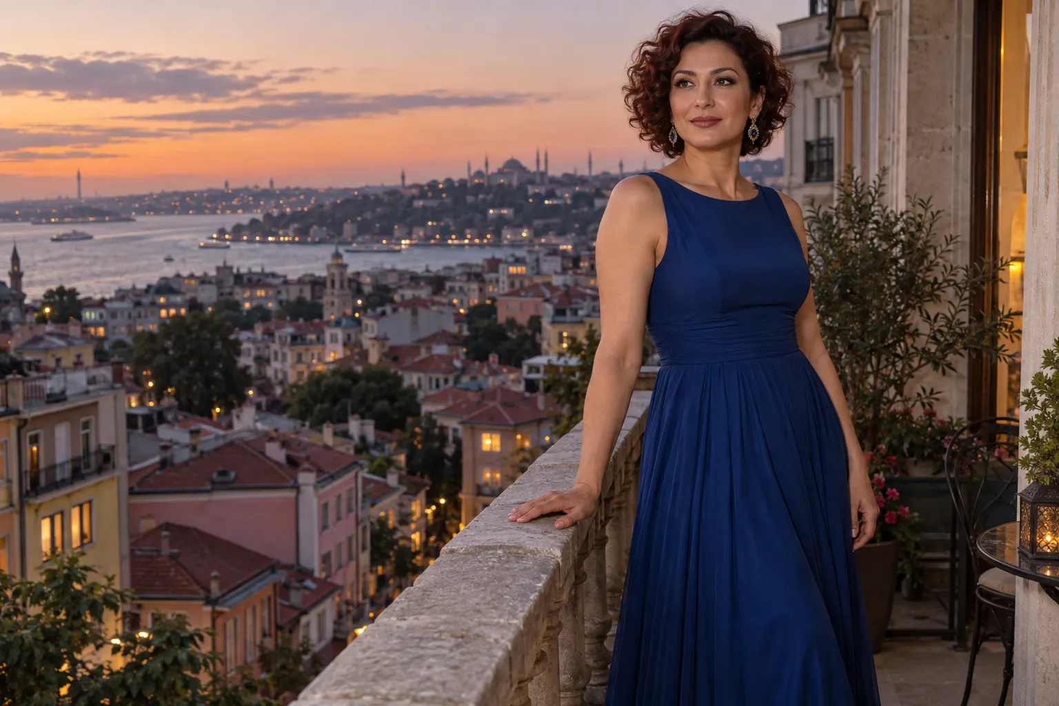Kurtuluş balkonunda safir mavisi uzun elbise giyen kurgusal yetişkin trans kadın; yapay zekâ üretimi moda fotoğrafı.