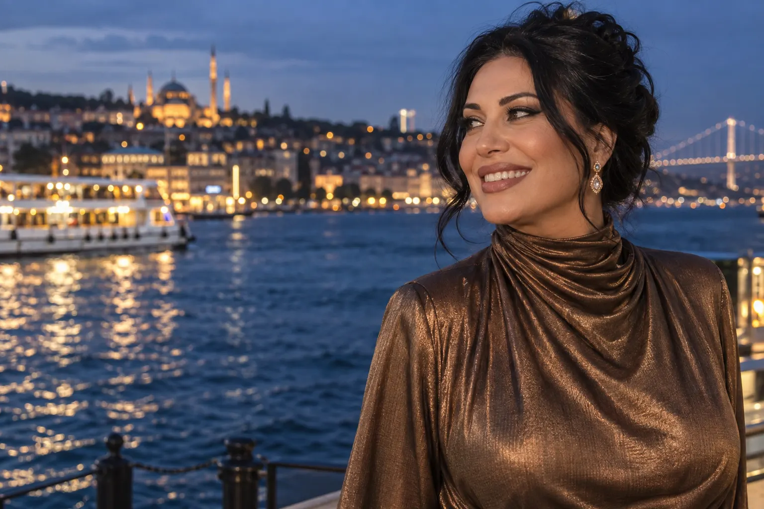 Beşiktaş sahilinde bronz gece tulumu giyen kurgusal yetişkin trans kadın; yapay zekâ üretimi moda fotoğrafı.