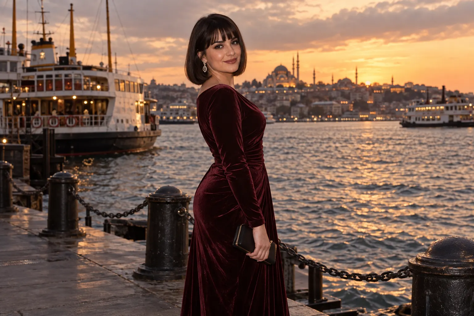 Karaköy kıyısında bordo kadife gece elbisesi giyen kurgusal yetişkin trans kadın; yapay zekâ üretimi moda fotoğrafı.