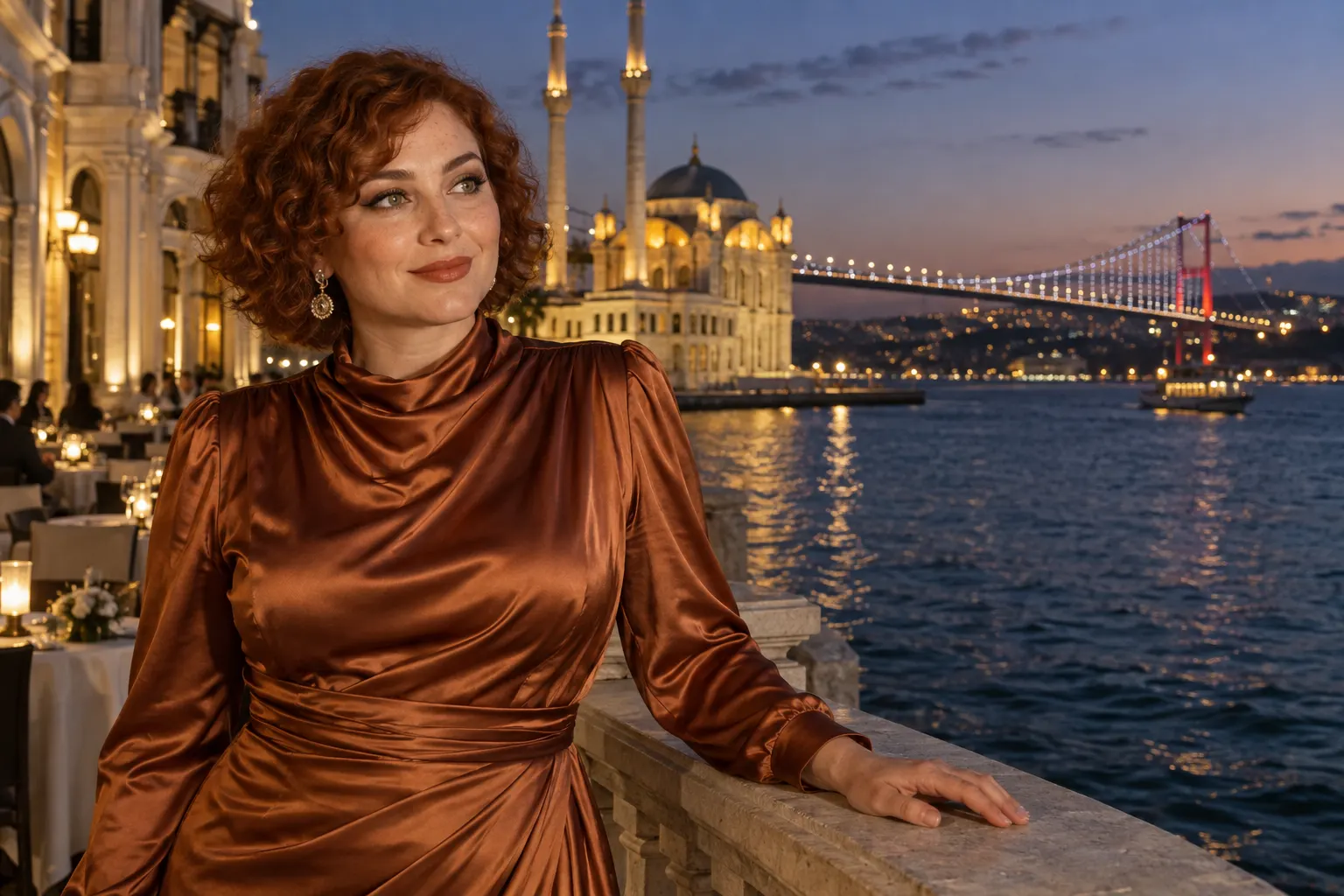 Ortaköy terasında bakır saten gece elbisesi giyen kurgusal yetişkin trans kadın; yapay zekâ üretimi moda fotoğrafı.