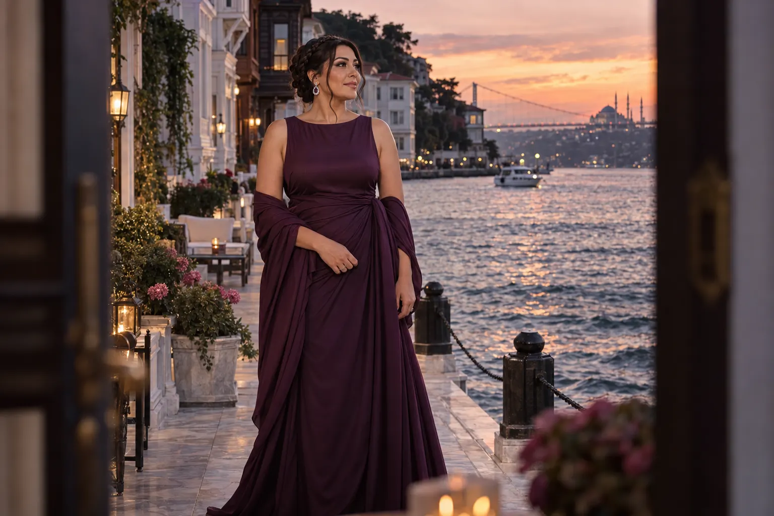 Arnavutköy kıyısında mor uzun gece elbisesi giyen kurgusal yetişkin trans kadın; yapay zekâ üretimi moda fotoğrafı.