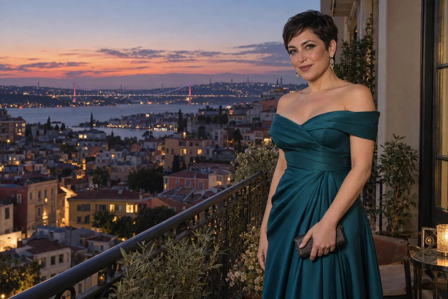 Kurtuluş balkonunda turkuaz uzun abiye giyen kurgusal yetişkin trans kadın; yapay zekâ üretimi moda fotoğrafı.