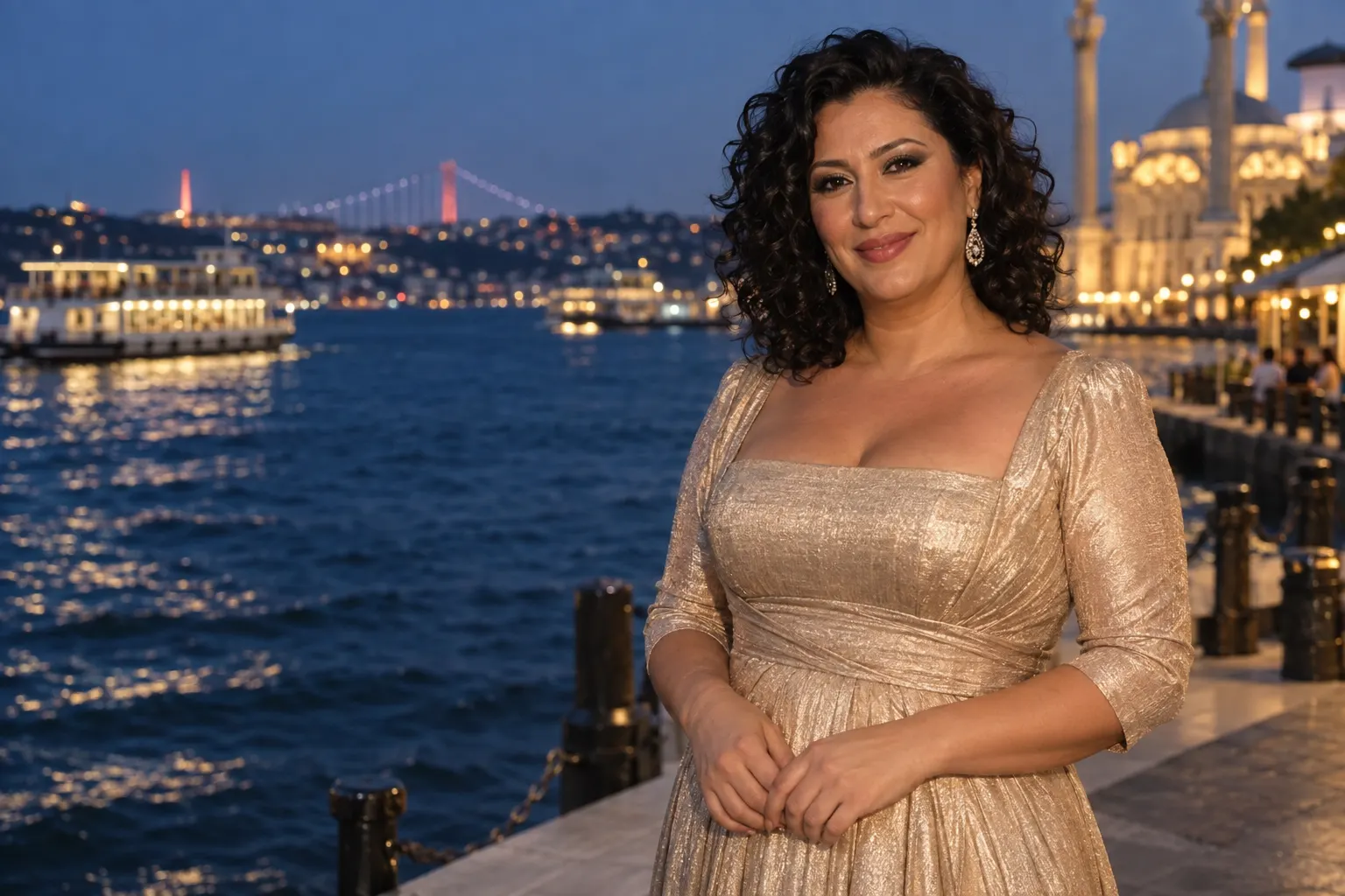 Beşiktaş sahilinde altın tonlu gece elbisesi giyen kurgusal yetişkin trans kadın; yapay zekâ üretimi moda fotoğrafı.